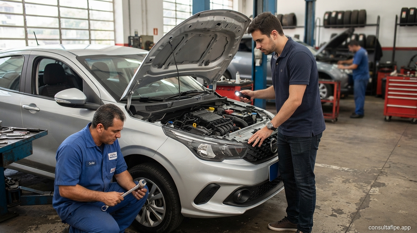 Mecanico e proprietario inspecionando carro em oficina
