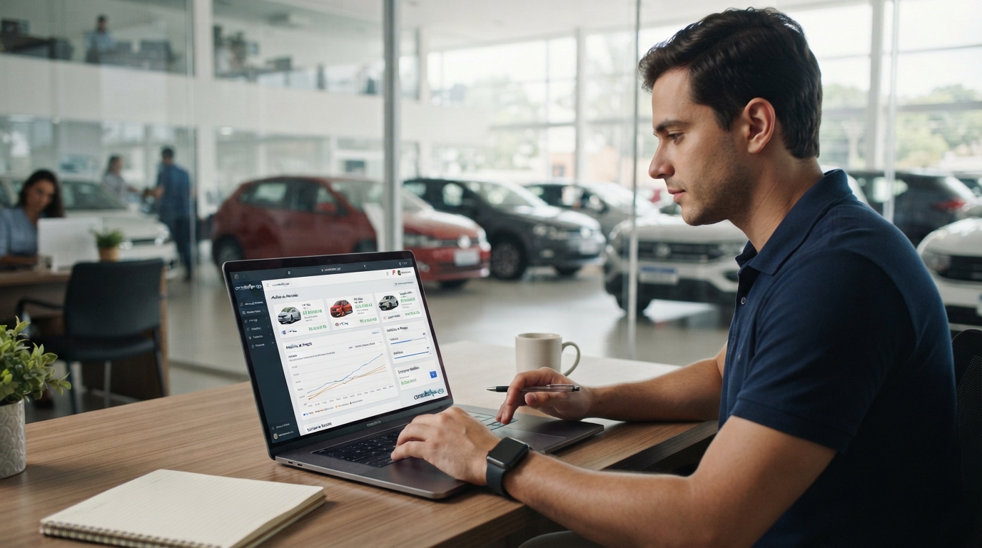 Homem comparando precos de veiculos no laptop