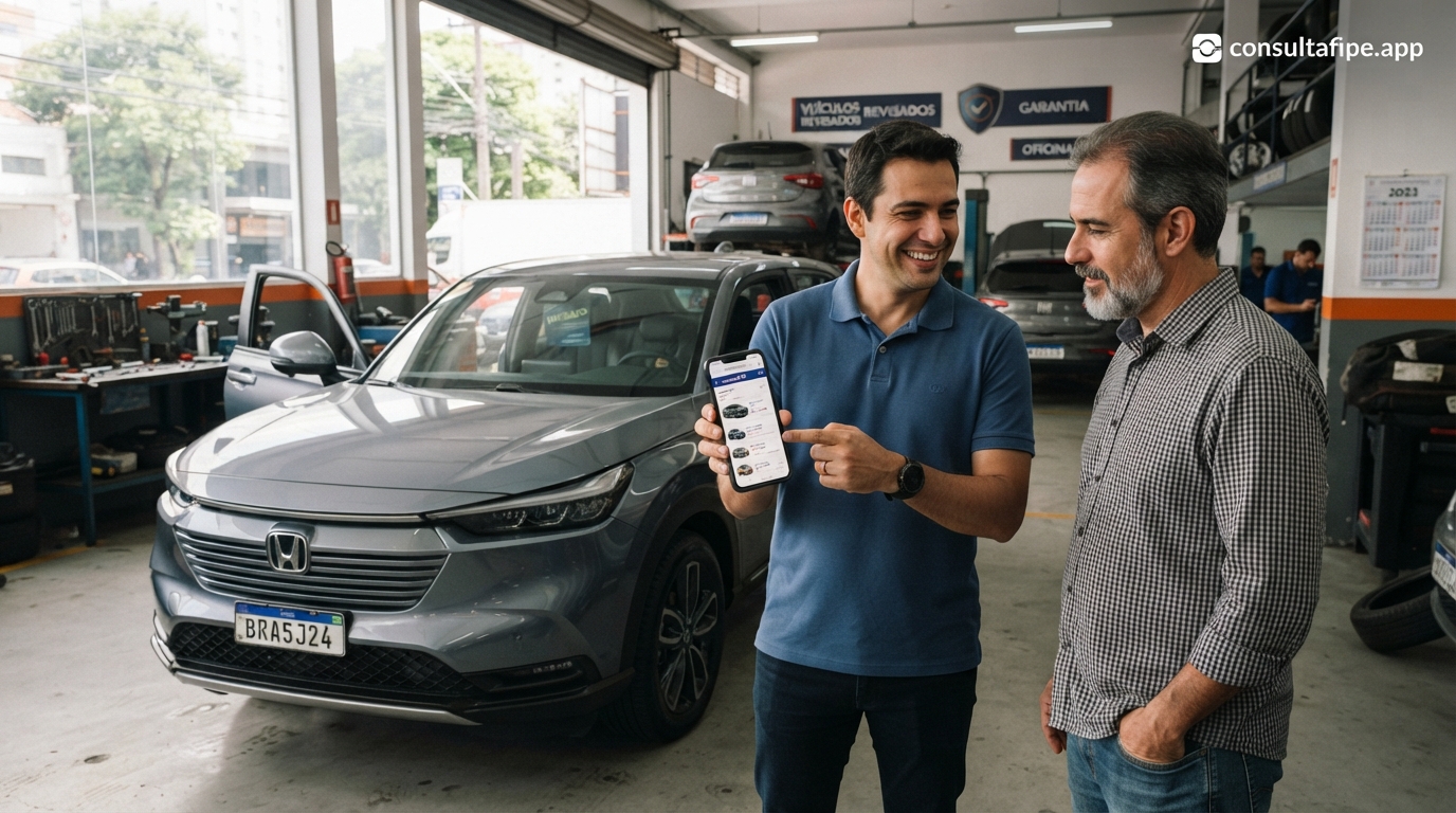 Dois homens em oficina consultando Tabela FIPE no celular