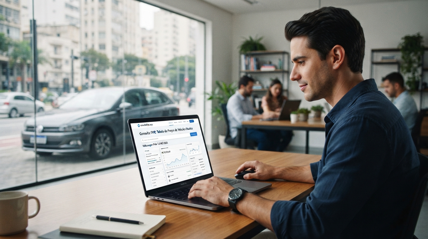 Consulta da Tabela FIPE em laptop em concessionaria